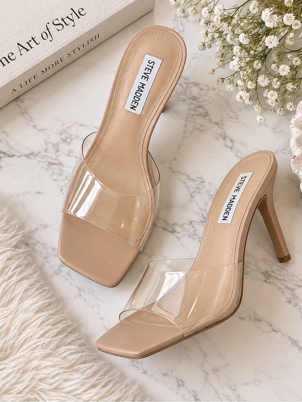 Steve Madden Beige Clear Strap Stiletto Mules